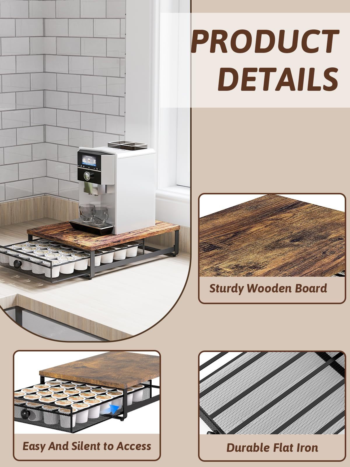 K-cup Storage Rack, Coffee Capsule Holder, Cabinet Lower Capsule Holder With Sliding Drawers, Can Accommodate Up To 35 K-cup Coffee Capsules Without Assembly, Plain Brown Color