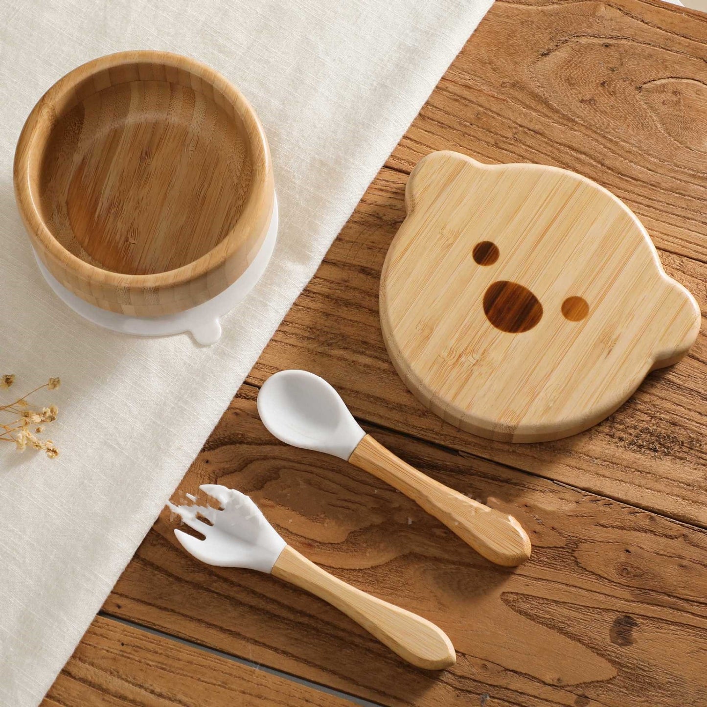 Baby Bamboo Wood Complementary Food Bowl Bear Bowl Baby Training Eating Sucker Bowl - Hearth & Lume