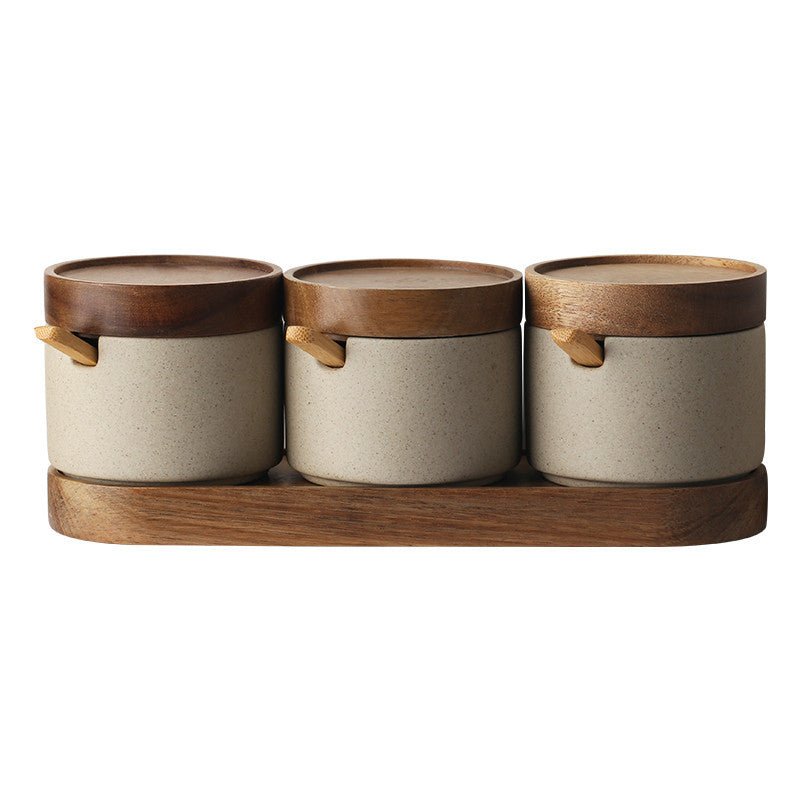 Kitchen Seasoning Pot Ceramic Three Piece Suit Simple Salt Pot Acacia Wood Tray With Cover - Hearth & Lume