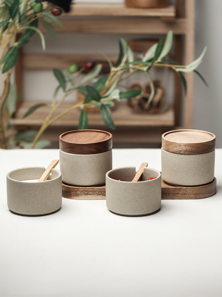 Kitchen Seasoning Pot Ceramic Three Piece Suit Simple Salt Pot Acacia Wood Tray With Cover - Hearth & Lume