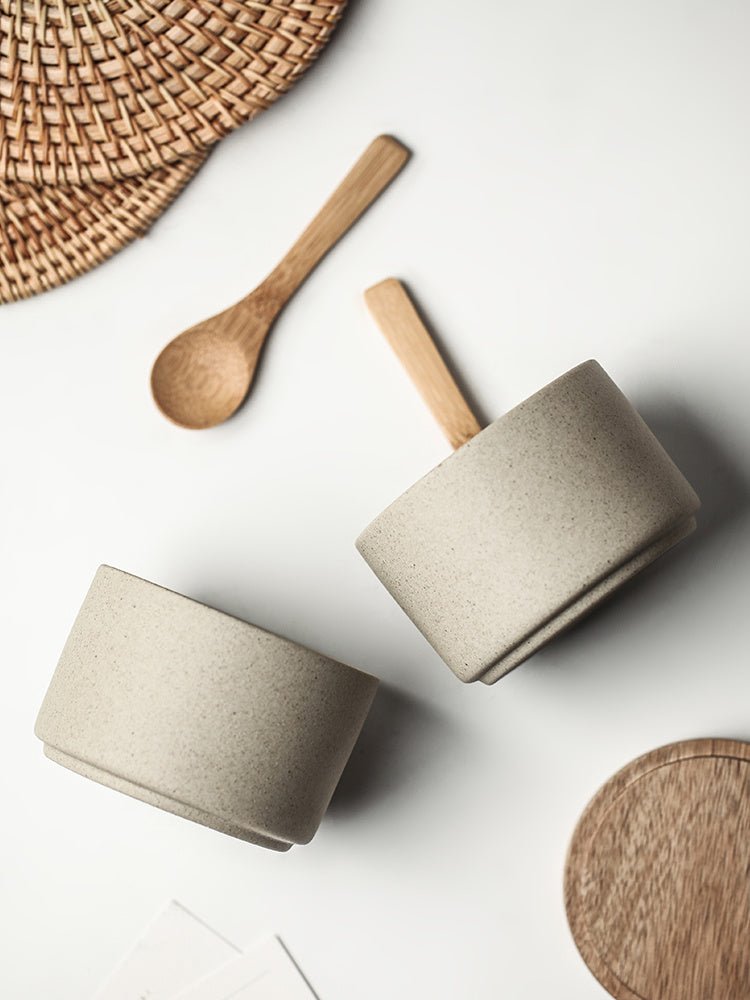 Kitchen Seasoning Pot Ceramic Three Piece Suit Simple Salt Pot Acacia Wood Tray With Cover - Hearth & Lume