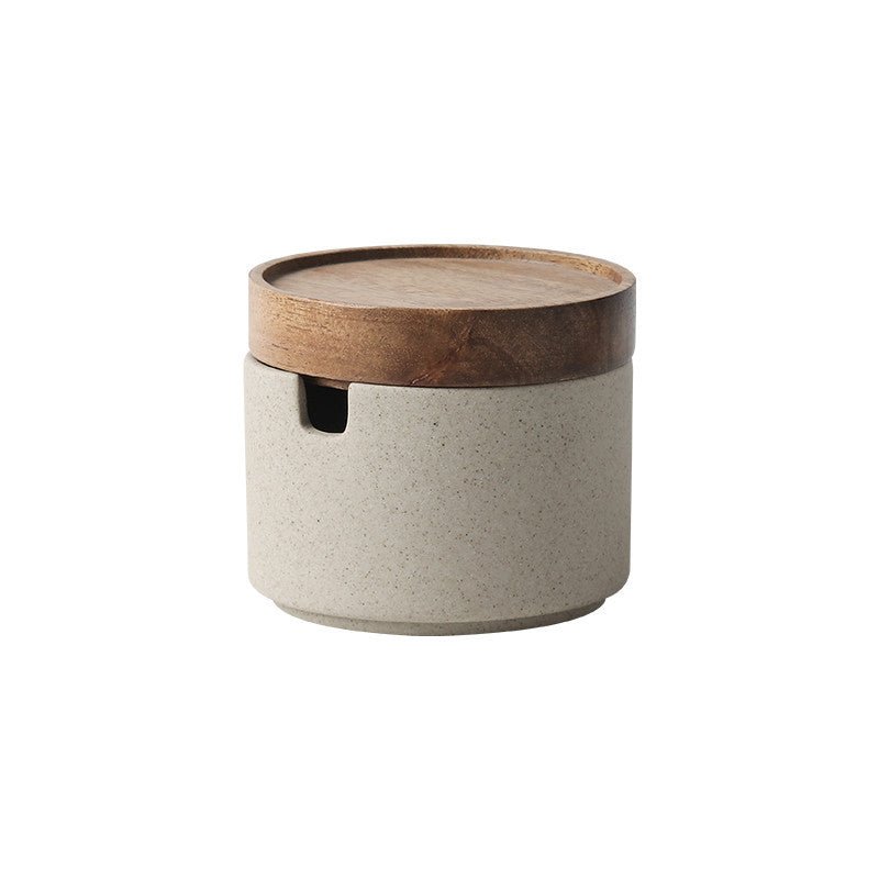 Kitchen Seasoning Pot Ceramic Three Piece Suit Simple Salt Pot Acacia Wood Tray With Cover - Hearth & Lume