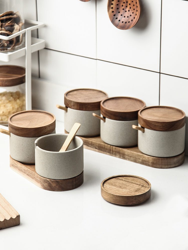 Kitchen Seasoning Pot Ceramic Three Piece Suit Simple Salt Pot Acacia Wood Tray With Cover - Hearth & Lume
