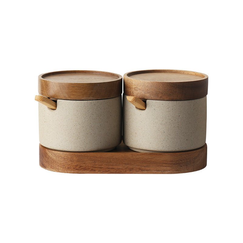 Kitchen Seasoning Pot Ceramic Three Piece Suit Simple Salt Pot Acacia Wood Tray With Cover - Hearth & Lume