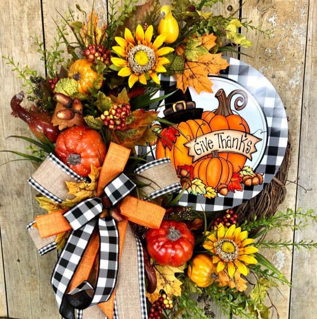 Wooden Sign Decoration Thanksgiving Sunflower Autumn Pumpkin Wreath - Hearth & Lume