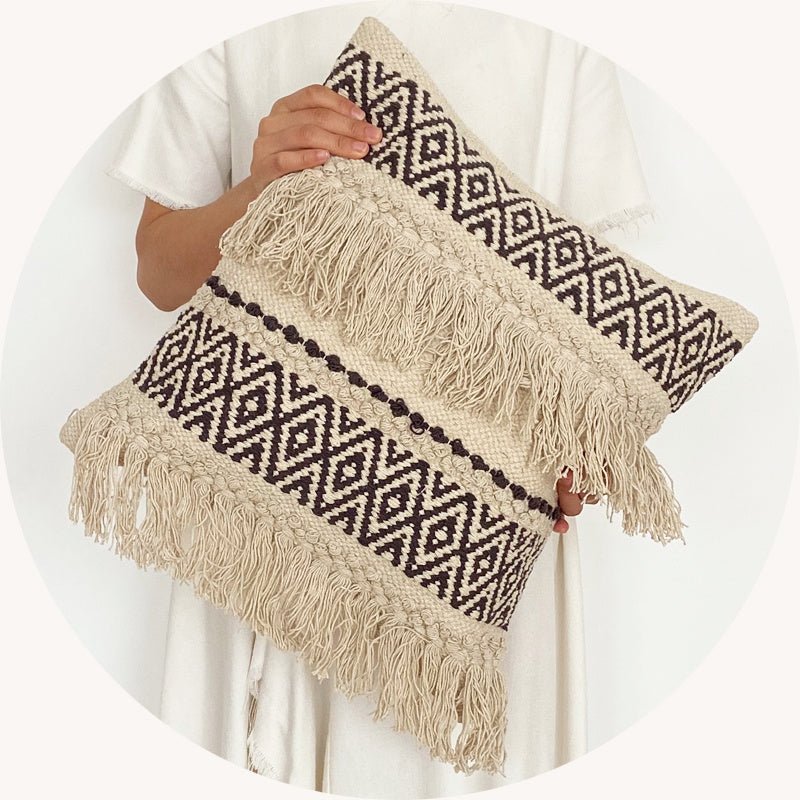 Handwoven Throw Pillow Cover With Tassel Beige Retro - Hearth & Lume
