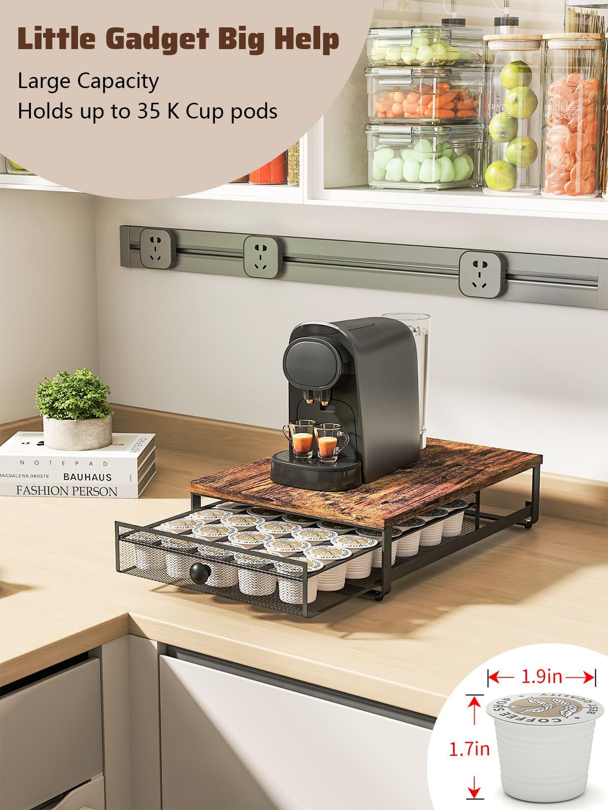 K-cup Storage Rack, Coffee Capsule Holder, Cabinet Lower Capsule Holder With Sliding Drawers, Can Accommodate Up To 35 K-cup Coffee Capsules Without Assembly, Plain Brown Color