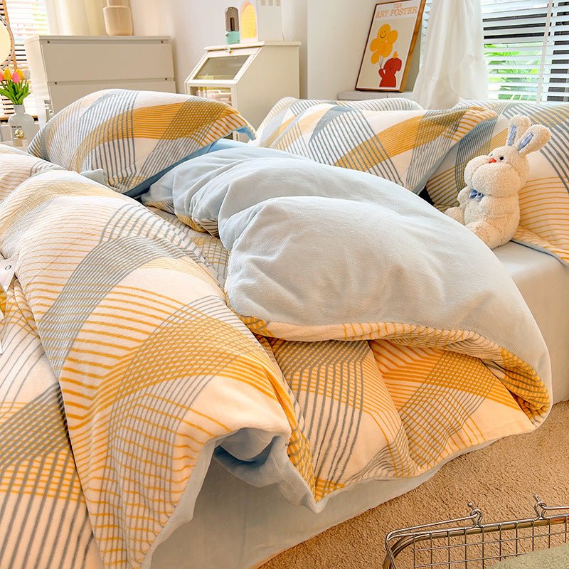 Nordic Striped Coral Fleece Duvet Cover Flannel Sheet Cover - Hearth & Lume