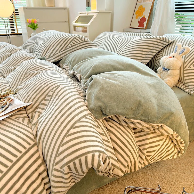 Nordic Striped Coral Fleece Duvet Cover Flannel Sheet Cover - Hearth & Lume