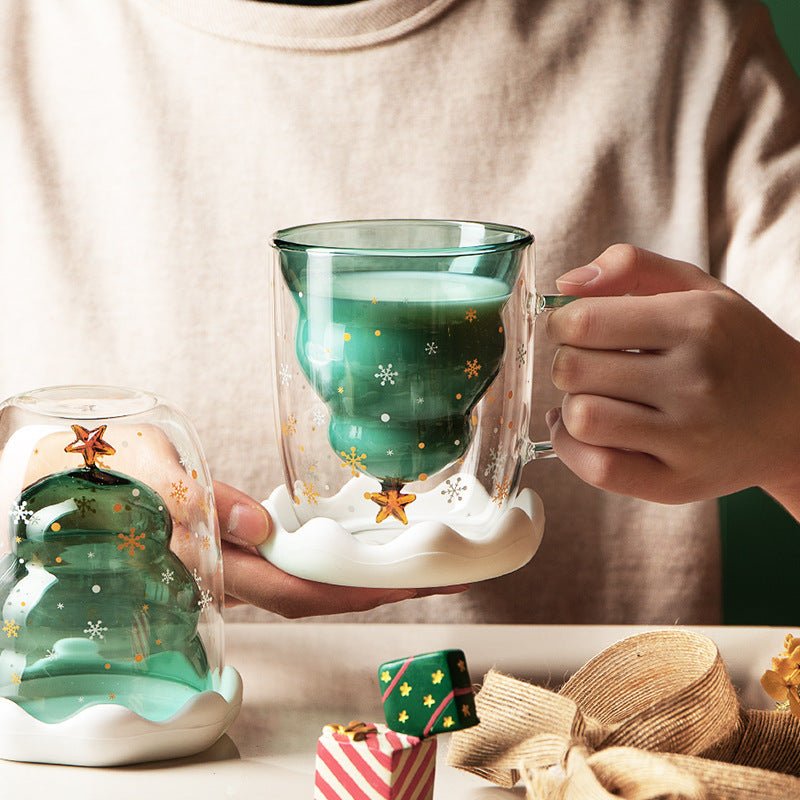 Double Heat Resistant Glass Coffee Cup Christmas Tree With Handle And Lid - Hearth & Lume