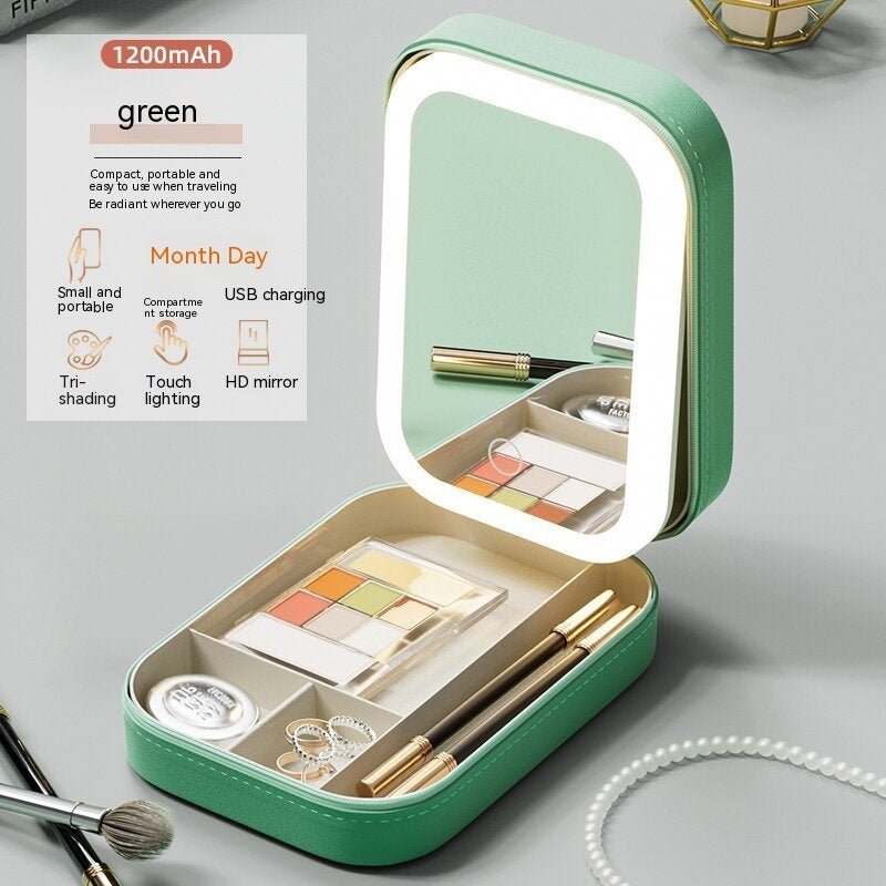 Makeup Storage Box With LED Light Mirror Portable Travel Makeup Cosmetics Storage Box Touch Light Storage Organizer - Hearth & Lume