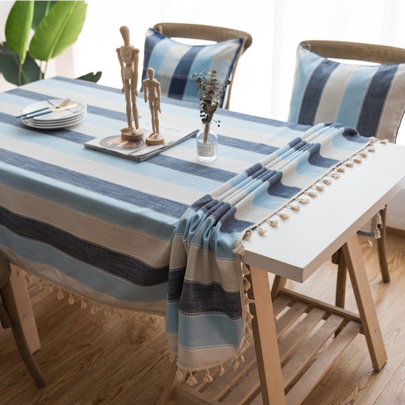 Waterproof Tablecloth Mediterranean Style Blue Striped Tassel Table Cloth - Hearth & Lume
