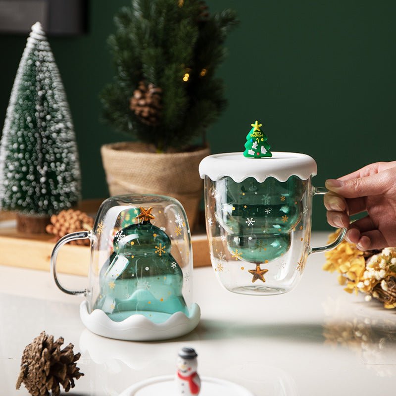 Double Heat Resistant Glass Coffee Cup Christmas Tree With Handle And Lid - Hearth & Lume