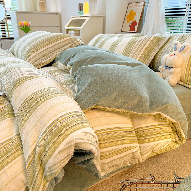 Nordic Striped Coral Fleece Duvet Cover Flannel Sheet Cover - Hearth & Lume