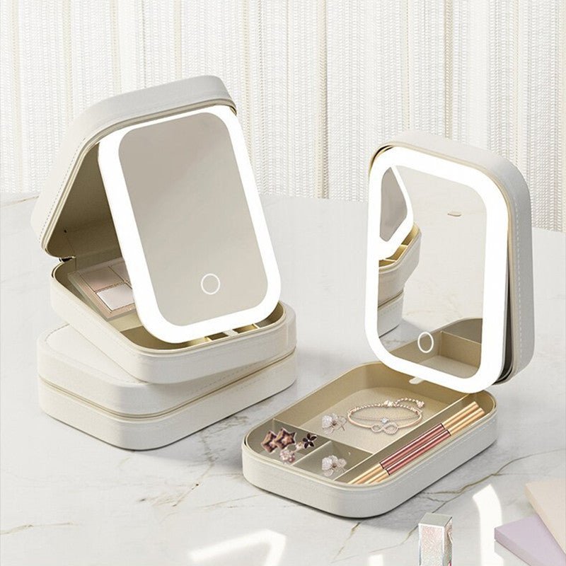 Makeup Storage Box With LED Light Mirror Portable Travel Makeup Cosmetics Storage Box Touch Light Storage Organizer - Hearth & Lume