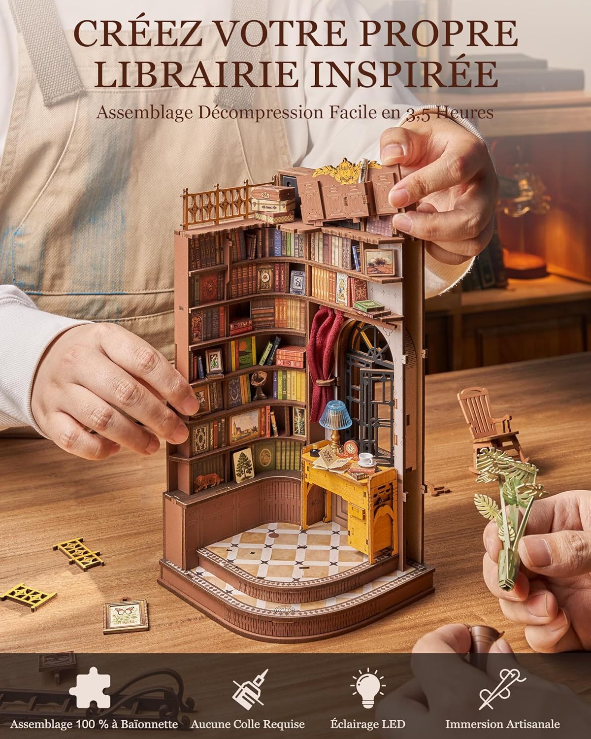 Rolife DIY Book Nook Kit - 3D Wooden Miniature Study Room With LED Lights - Hearth & Lume