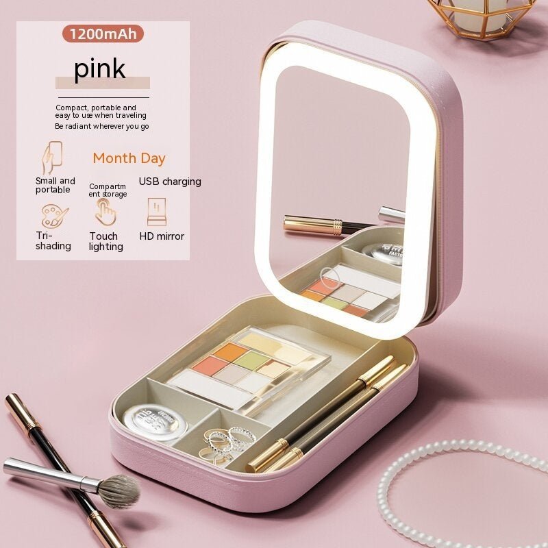 Makeup Storage Box With LED Light Mirror Portable Travel Makeup Cosmetics Storage Box Touch Light Storage Organizer - Hearth & Lume