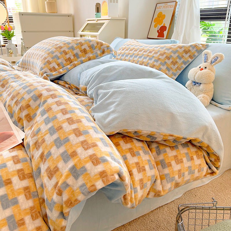 Nordic Striped Coral Fleece Duvet Cover Flannel Sheet Cover - Hearth & Lume