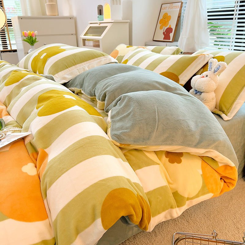 Nordic Striped Coral Fleece Duvet Cover Flannel Sheet Cover - Hearth & Lume