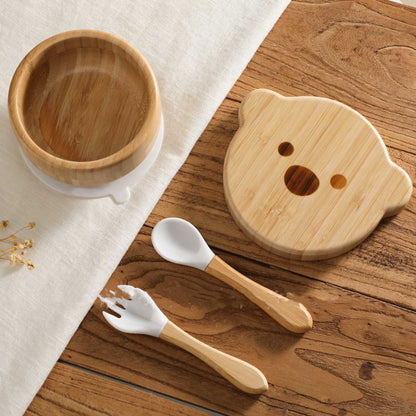 Baby Bamboo Wood Complementary Food Bowl Bear Bowl Baby Training Eating Sucker Bowl - Hearth & Lume