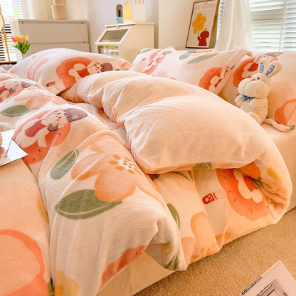 Nordic Striped Coral Fleece Duvet Cover Flannel Sheet Cover - Hearth & Lume