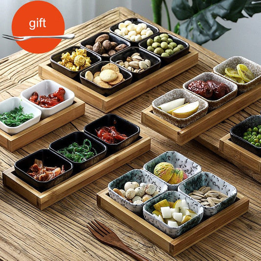Japan Style Ceramic Fruits Plates with Bamboo Serving Tray - Hearth & Lume