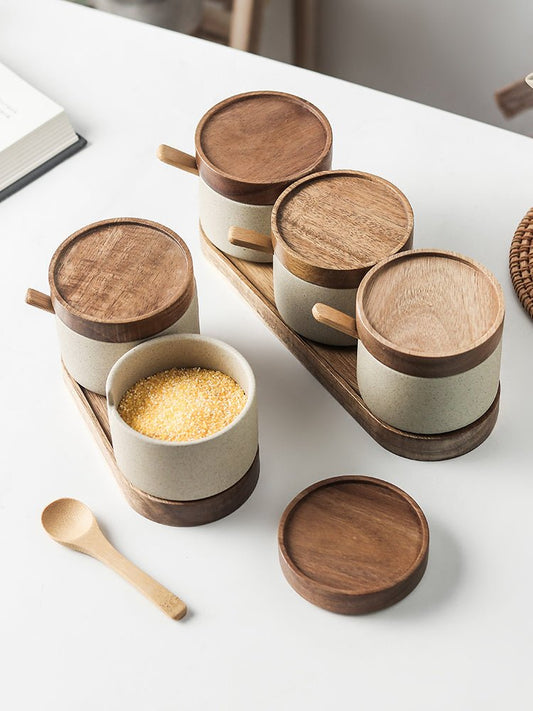 Kitchen Seasoning Pot Ceramic Three Piece Suit Simple Salt Pot Acacia Wood Tray With Cover - Hearth & Lume