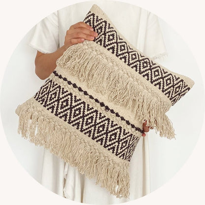 Handwoven Throw Pillow Cover With Tassel Beige Retro - Hearth & Lume