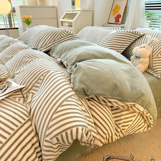 Nordic Striped Coral Fleece Duvet Cover Flannel Sheet Cover - Hearth & Lume