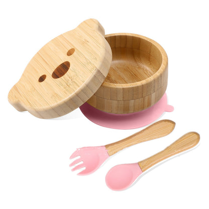 Baby Bamboo Wood Complementary Food Bowl Bear Bowl Baby Training Eating Sucker Bowl - Hearth & Lume