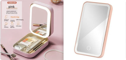 Makeup Storage Box With LED Light Mirror Portable Travel Makeup Cosmetics Storage Box Touch Light Storage Organizer - Hearth & Lume