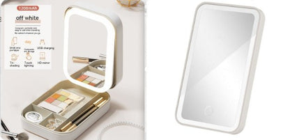 Makeup Storage Box With LED Light Mirror Portable Travel Makeup Cosmetics Storage Box Touch Light Storage Organizer - Hearth & Lume