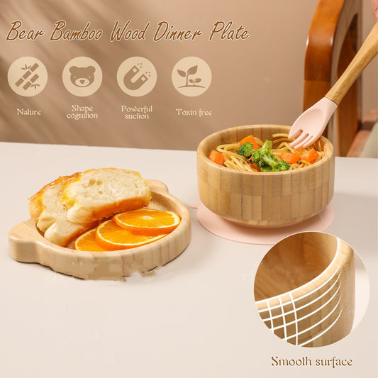 Baby Bamboo Wood Complementary Food Bowl Bear Bowl Baby Training Eating Sucker Bowl - Hearth & Lume